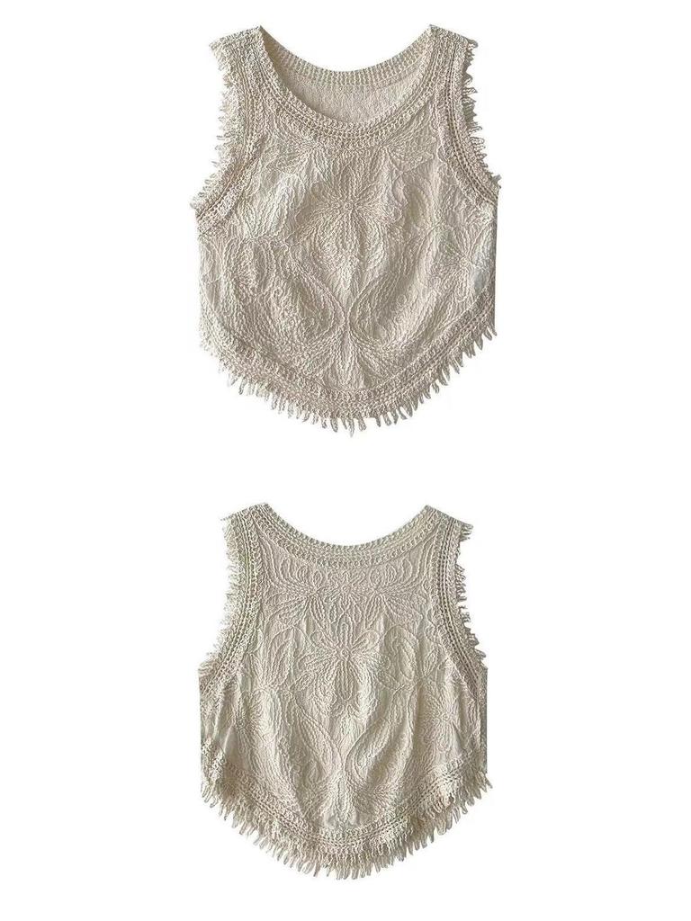 Niche Crochet Knit Camisole with Tassels - Women's Sleeveless Summer 2026 Vest Top