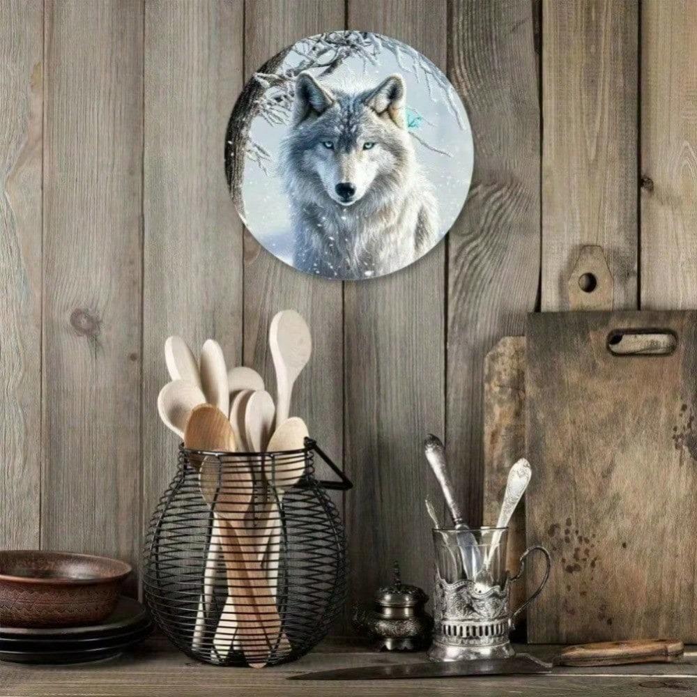 1PC 3D Wolf Wall Art Blue Eyes Snow Winter Design Metal Tin Sign For Living Room Home Decor