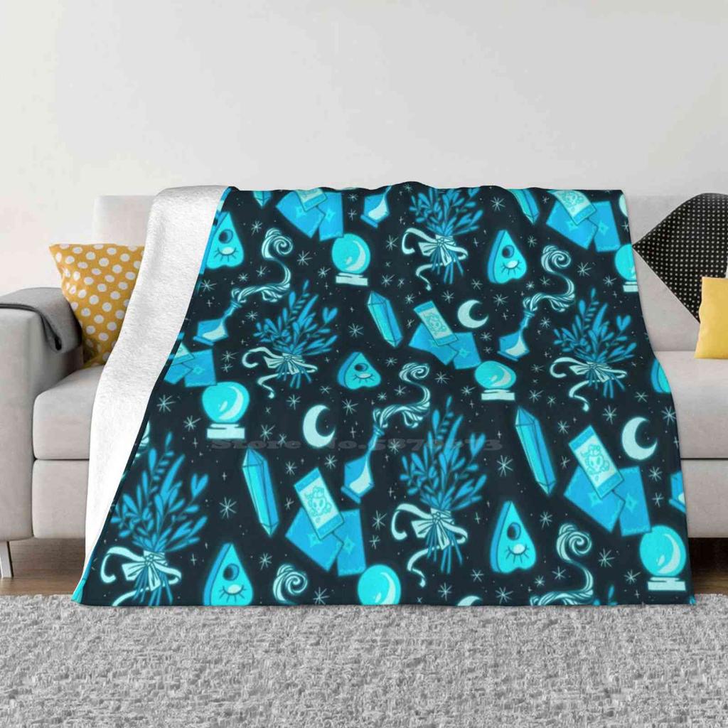 Blue Neon Latest Super Soft Warm Light Thin Blanket Neon Blue Magic Witchcraft Zapatrax Potion Ouija Plant Pattern Tarot Moon