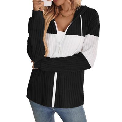 High Street Hooded New Women's Zipper Cardigan Spliced Casual Long Sleeve Pit Strip Color Bundle Jacket Top