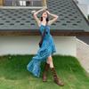 Chiffon + Invisible Zipper, Holiday Wind Floral Suspender Dress Women's Summer Design Irregular Long Dress Waist