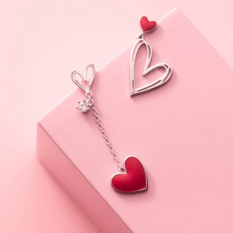 925 Silver Red Asymmetric Love Heart Earrings Sweet Peach Jewelry For Women Wedding Party Fashion