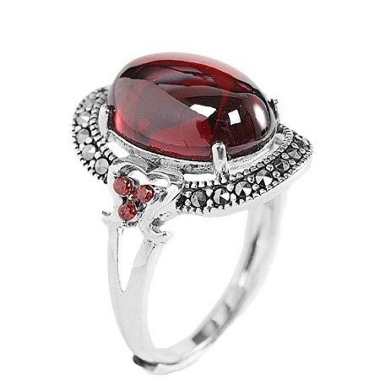Adjustable Open Ring Women Men Vintage Red Oval Cabochon Boho Statement Finger Copper Jewelry