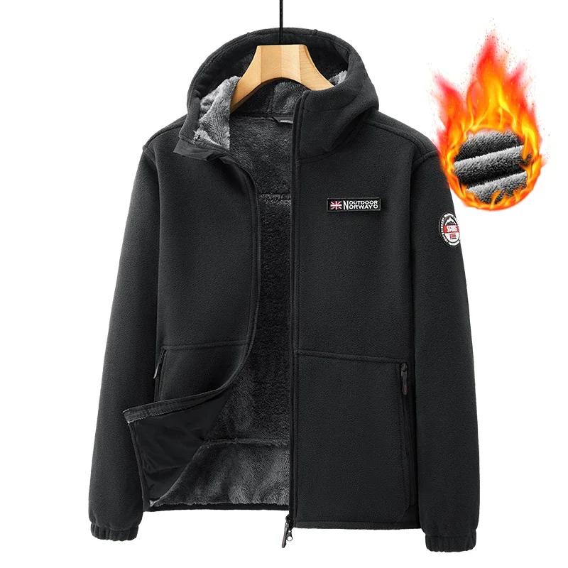 2025 Winter Warm Men's Fleece Jacket Hooded Pockets Solid Color Casual Norway Polar Jacket Cold-Proof Overcoat Plus Size Outwear