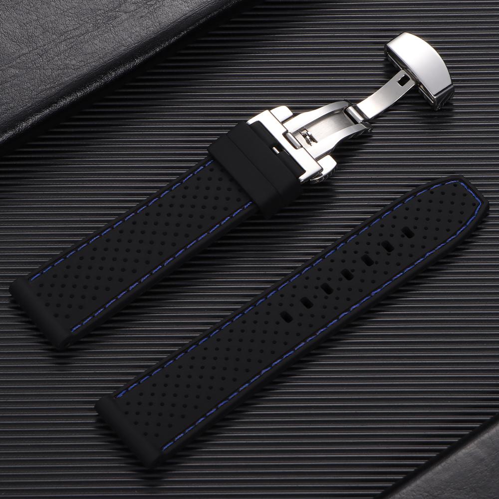 20mm 22mm Silicone Strap Waterproof Soft Rubber Watch Band Breathable Bracelet Universal Replacement Wristband Butterfly Buckle