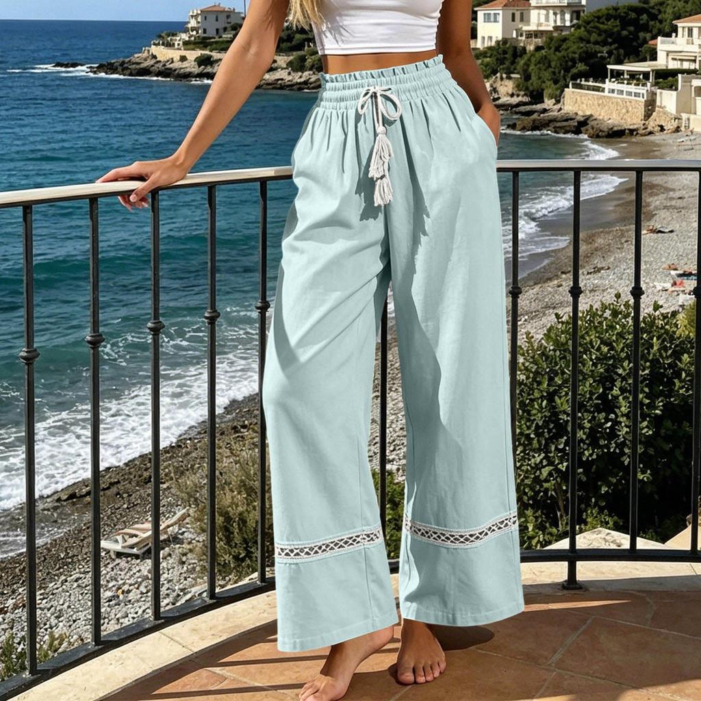High Waist Loose Fit Wide Leg Pants with Hollow Out Detailing and Drawstring Waistband for Casual Relaxed Style