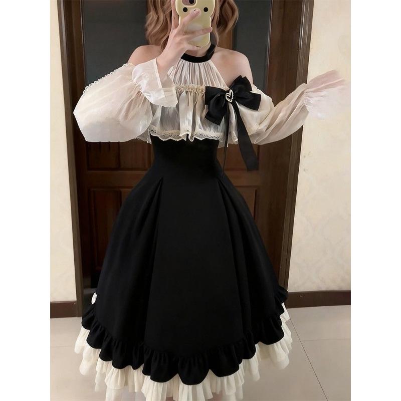 Spot, Dark Elegant Star Shadow, Elegant Lolita Lolita Long-sleeved Dress, New Bow Dress.