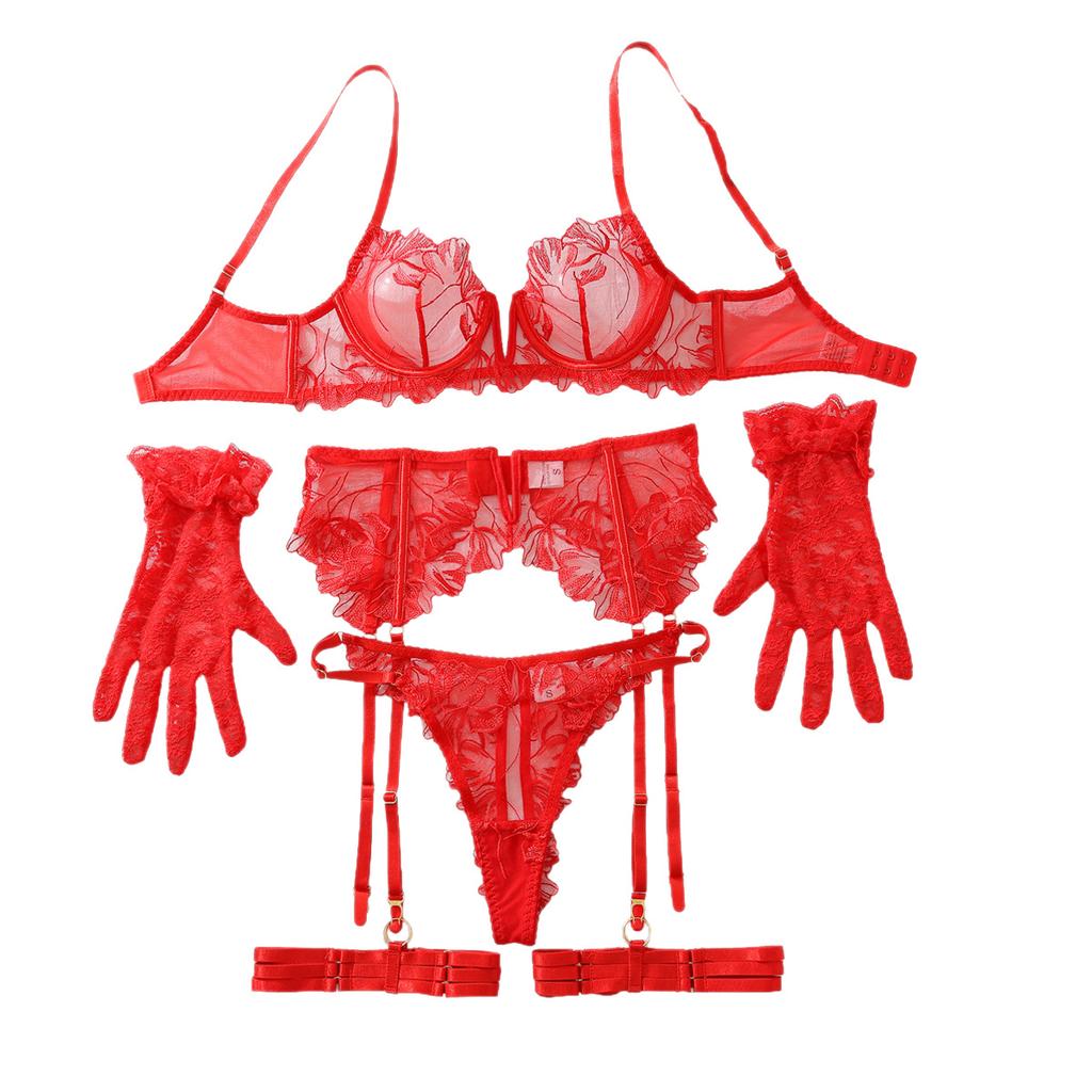 European and American sexy three-point erotic underwear, passionate pajamas, uniform seductive lace red bra set