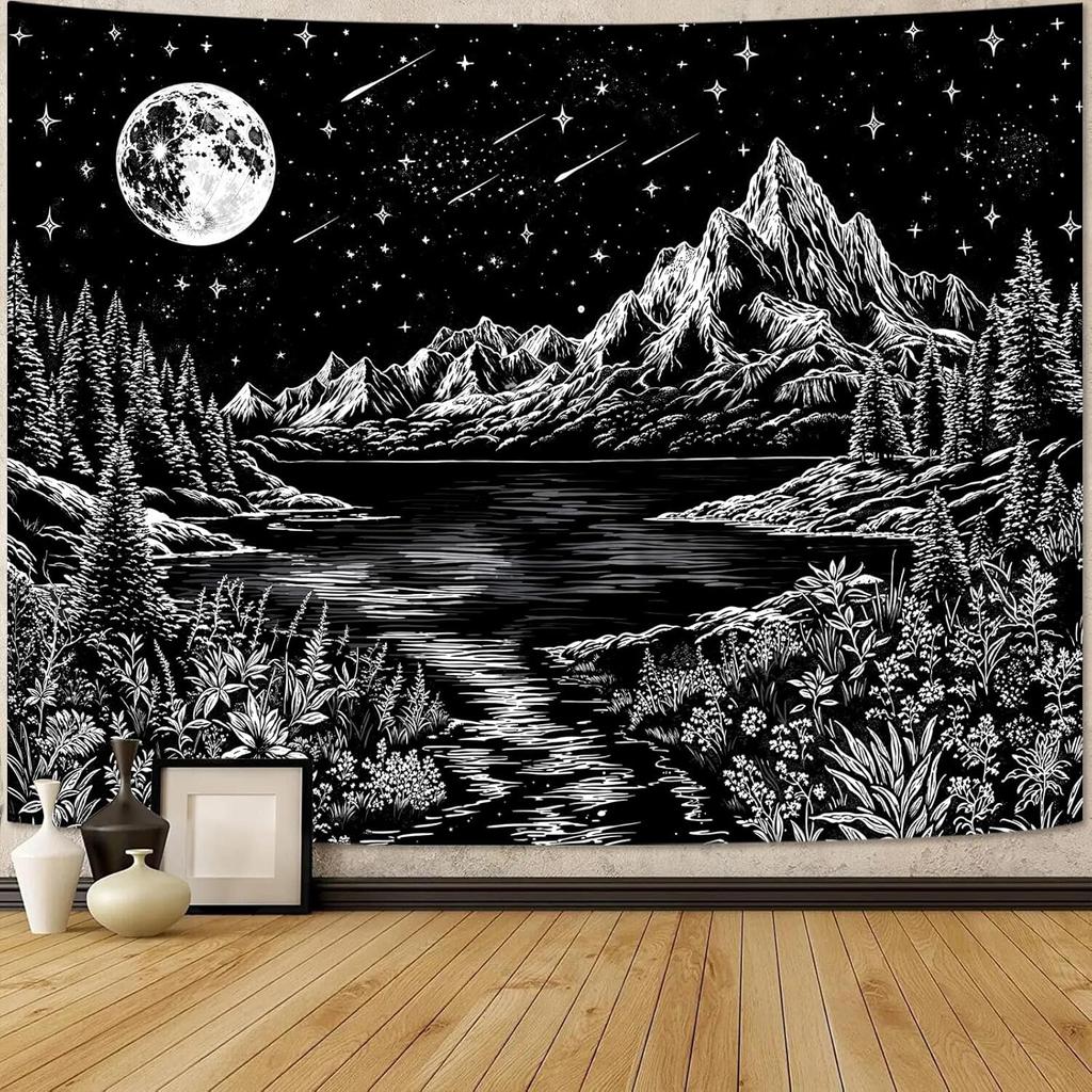 VIKAMA Black And White Starry Night Mountain Tapestry Bedroom Aesthetic Moon Tapestry Dark Natural Forest Wall Hanging