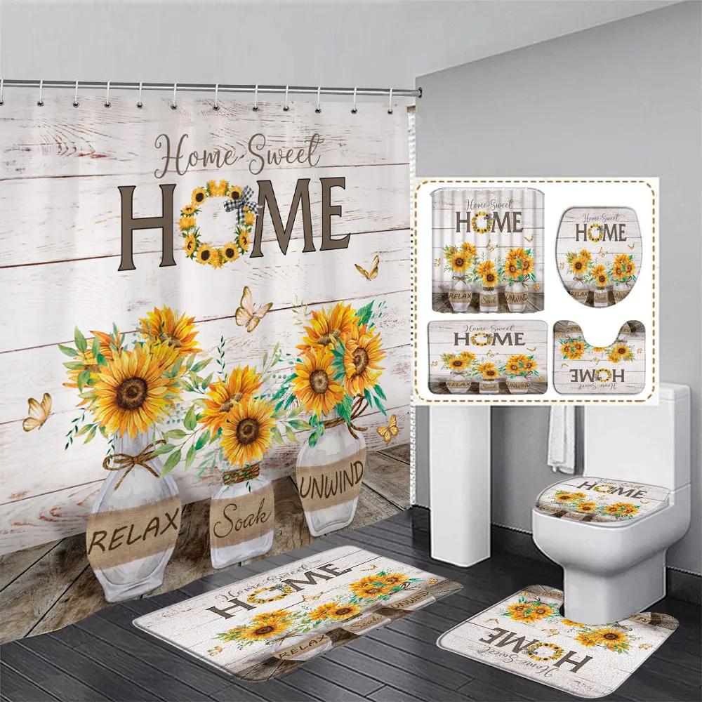 Tulip Flower Basket Rustic Wood Panel Shower Curtain And Rug Bathroom Set Home Washable Hanging Curtain Bath Mats Bathroom Decor