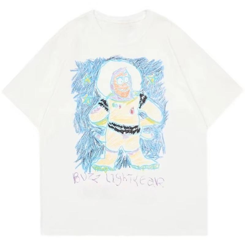 

2025 Новая летняя повседневная футболка с коротким рукавом с принтом, хлопковая, обычного кроя, с круглым вырезом, дышащая, свободная, унисекс, мужская, женская одежда M