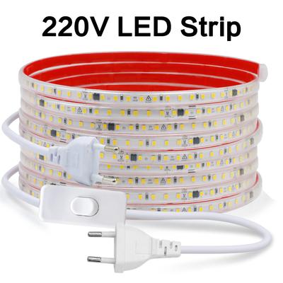 220V LED Strip Light IP65 Waterproof Dimmable Ribbon Stripe Adhesive 120LEDs/m Flexible LED Tape with Dimmer/Switch/Power Plug