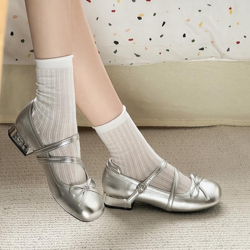 Round Head Bow Silver Small Leather Shoes Women's 2025 Summer New French with Skirt Mary Jane Shoes Thick Heel Single Shoes