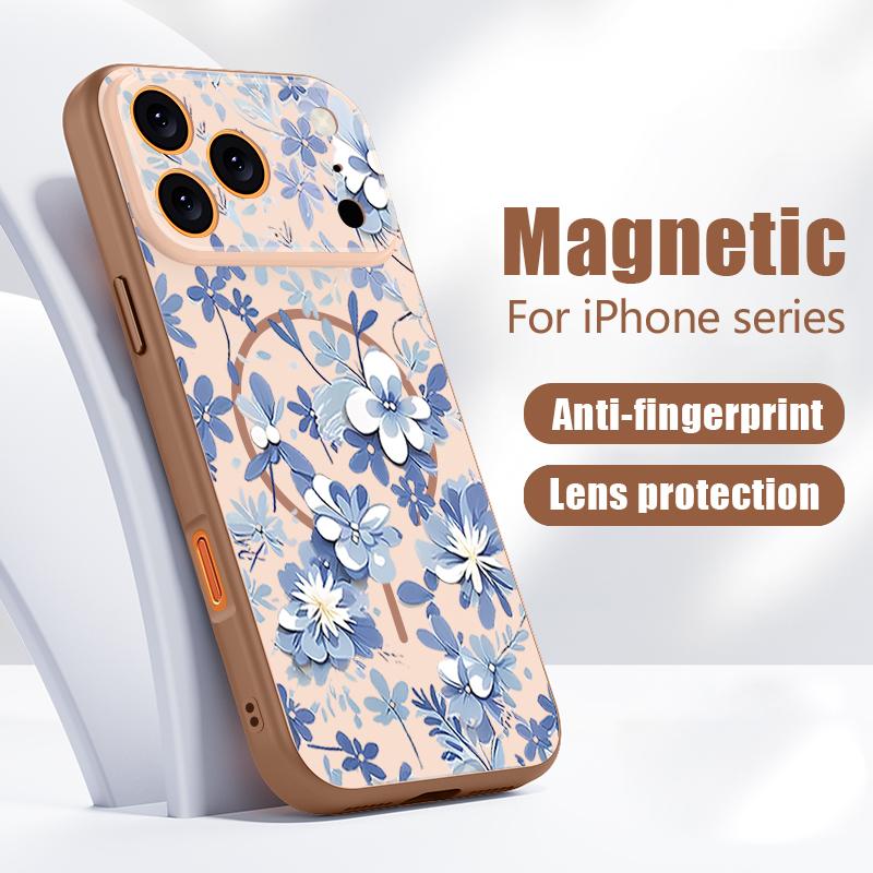 Magnetic For Magsafe Case For iPhone 17 Pro Max Blue and White Flowers Pattern Skin Feeling Cover For iPhone 16 15 14 13 Pro Max