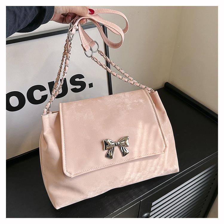 Large Capacity Solid Color Women's Bag 2024 Summer Bow Simple Fashion Commuter Chain Shoulder Bag Women