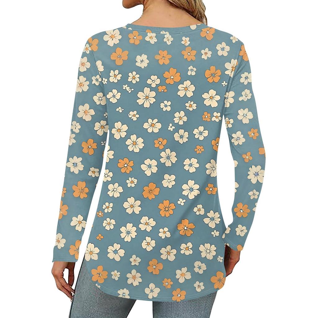 Women's Loose Round Neck Print Long Sleeve T-Shirt Top Pullover