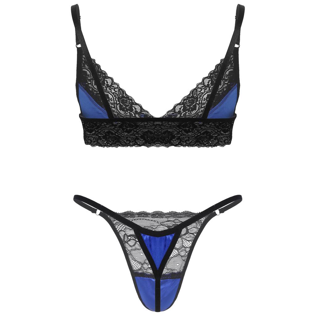 Mens Adjustable Floral Lace Bra Top with Matching Thong Briefs Sissy Lingerie Set