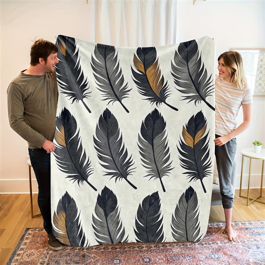 Feather Pattern Fleece Blanket Boho Nature Design Soft Cozy Throw Home Decor for Living Room or Bedroom Gift for Nature Lovers