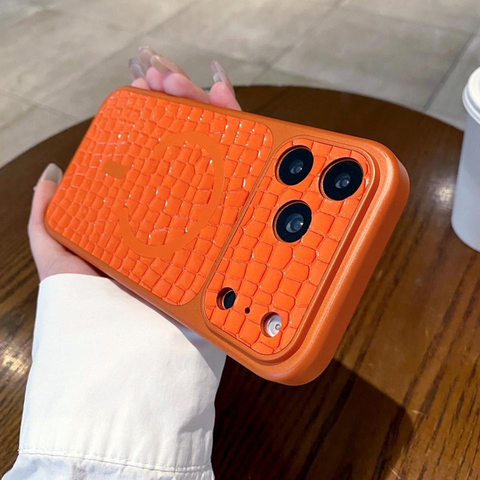 

Official Leather Magnetic Phone Case For iPhone 17 13 14 15 16 Pro Max For Magsafe Crocodile Wireless Charge Protector Cover iPhone17 помаранчевий