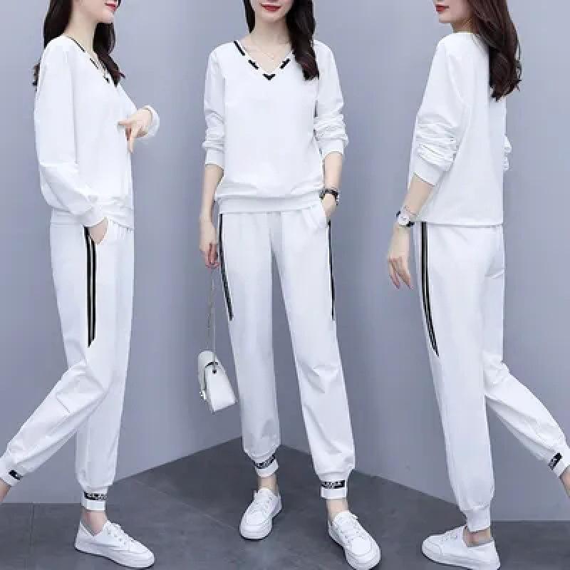 

Большой размер Осенний повседневный спортивный костюм для полных девушек, чтобы уменьшить их возраст и выглядеть стройнее. Набор из двух частей M белый