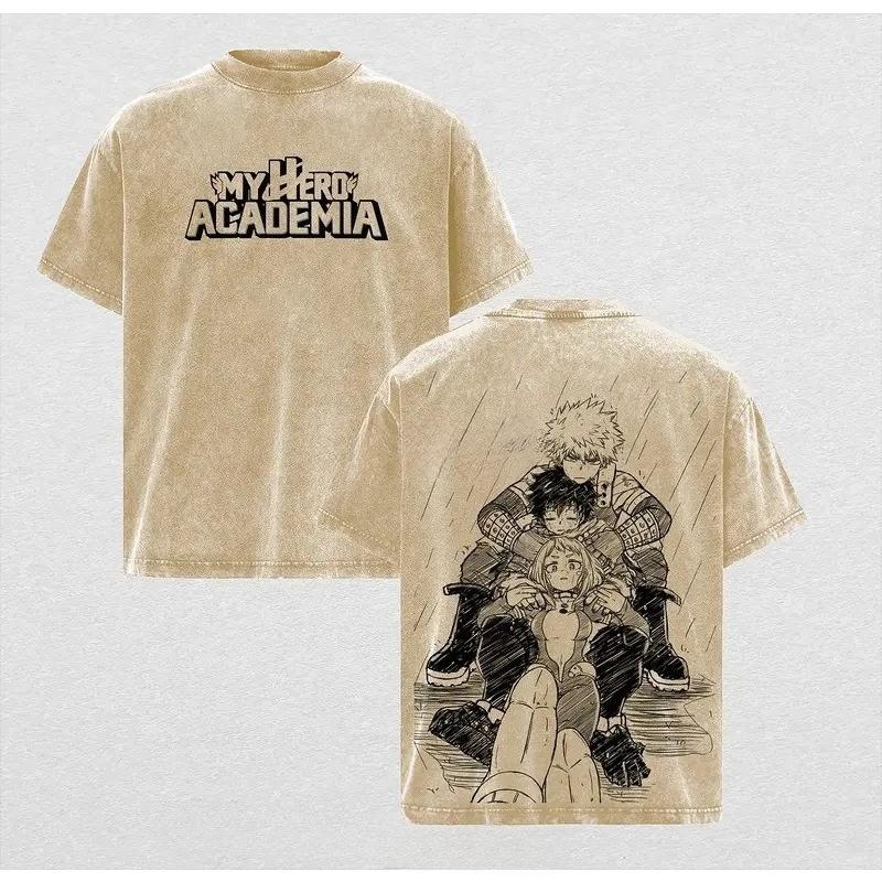 My Hero Academia Midoriya Izuku Bakugou Katsuki Uraraka Ochako Tshirt Men Women Clothing Cotton T-shirts Washed Tee Male T Shirt XXL коричневый 1700₽