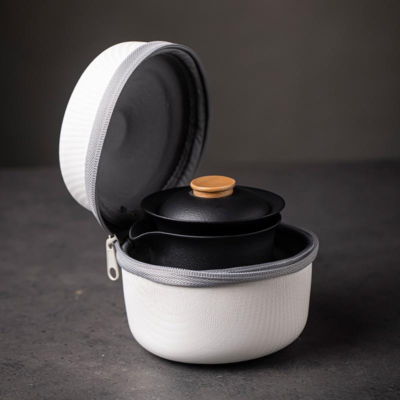 200ml Portable Storage Bag Ceramic Lid Bowl Quick Tea Cup One Pot Three Cups Tea Set