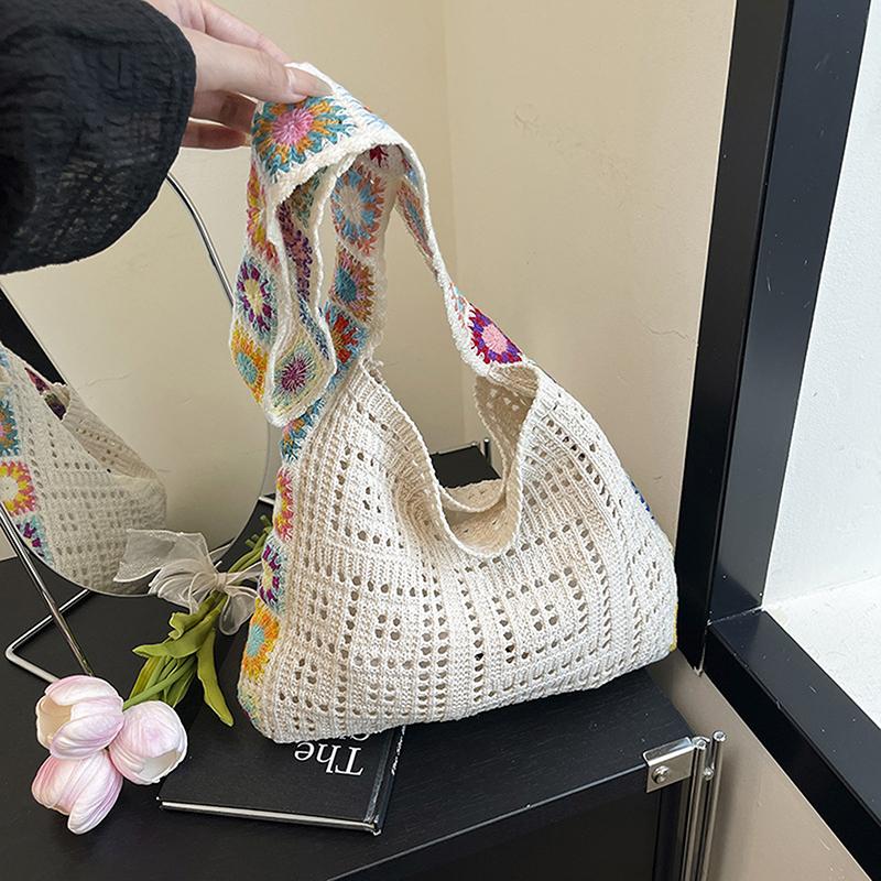 Summer Large Capacity Boho Tote Bag Floral Crochet Handbag Vintage Multicolor Cut-Out Knitted Fashionable Hollow Out Handbag