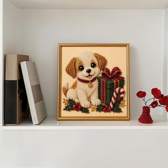Christmas Gift Ideas for Teens Faux Pearl Art Kit, Xmas Hat Cat Dog Painting DIY Set 3D Puppy Bead Craft Kit Adults, Festive Home Wall Decor Relaxing