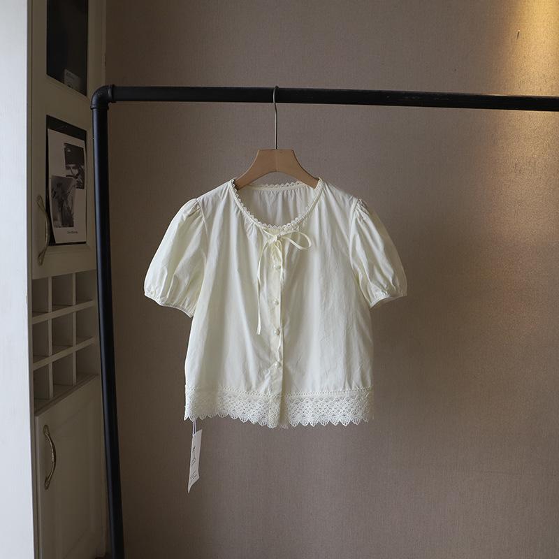 Bi Zheng 2025 Summer Korean Style Lace Patchwork Bubble Sleeve Tie-Up Shirt