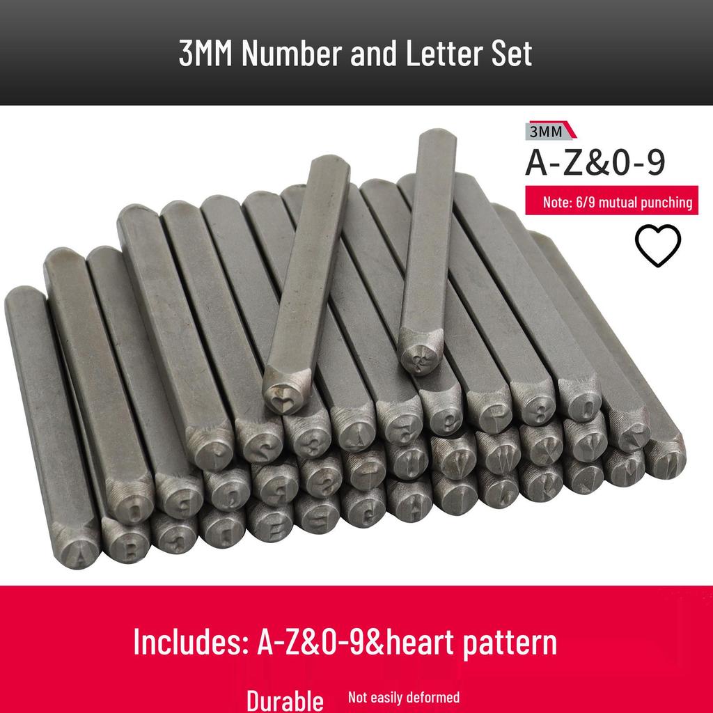 37-teiliges herzförmiges 3mm Zahlen- und Buchstabenstempelset zum Prägen und Schnitzen von Leder