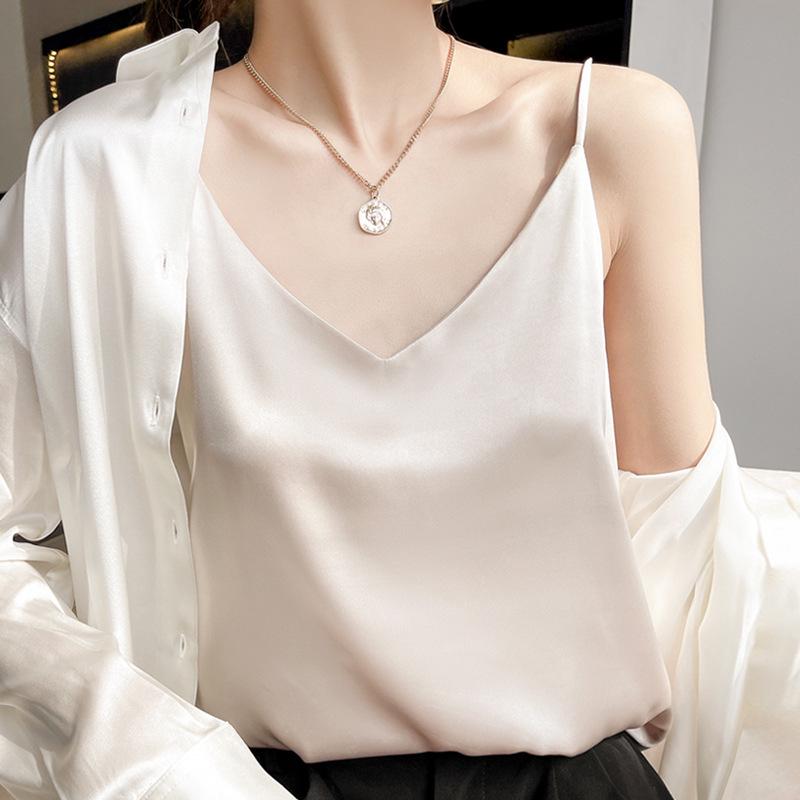25 Summer Silk Slim-fit V-neck Camisole, Single Strap, Sleeveless, Solid Color, Versatile Imitation Silk Vest