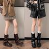 Round head wide tube thick heel medium tube boots women's autumn and winter new retro belt buckle western boots pleated short boots women's knight boo
