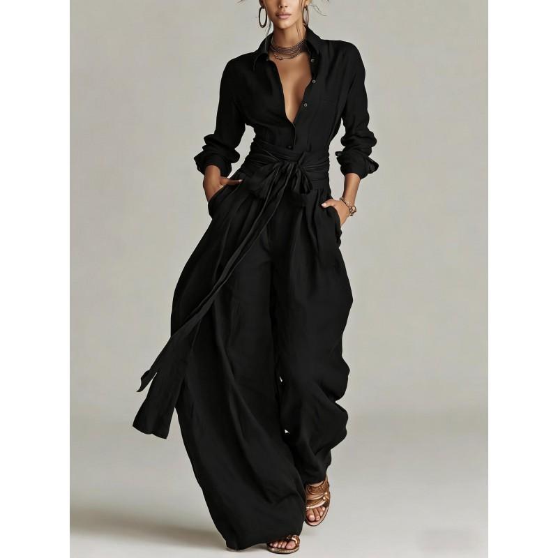 2026 Vintage Solid Color High Waist Wide Leg Jumpsuit With Tie Loose Fit Casual Womens Outfit