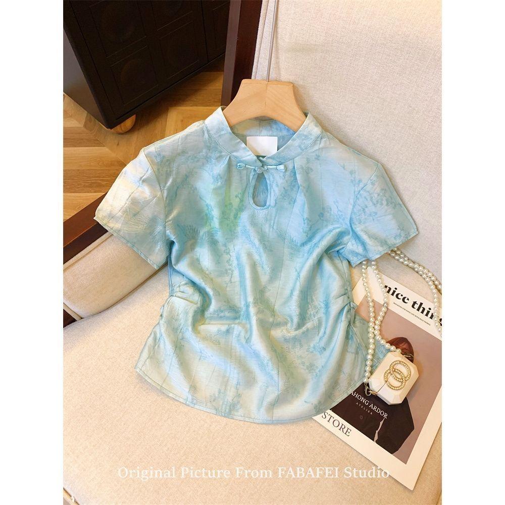 

Женская летняя блузка с коротким рукавом на пуговицах, жаккардовая, синяя, для повседневной носки, с воротником ципао, маленький топ 3XL (recommended 138-75kg)