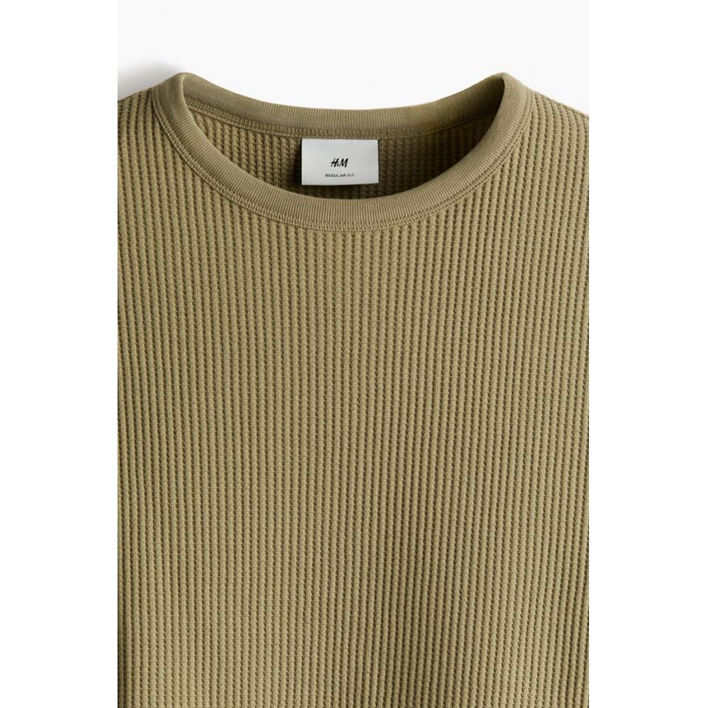 H M Regular FiT Waffle TexTure T sHirT kHaki Green