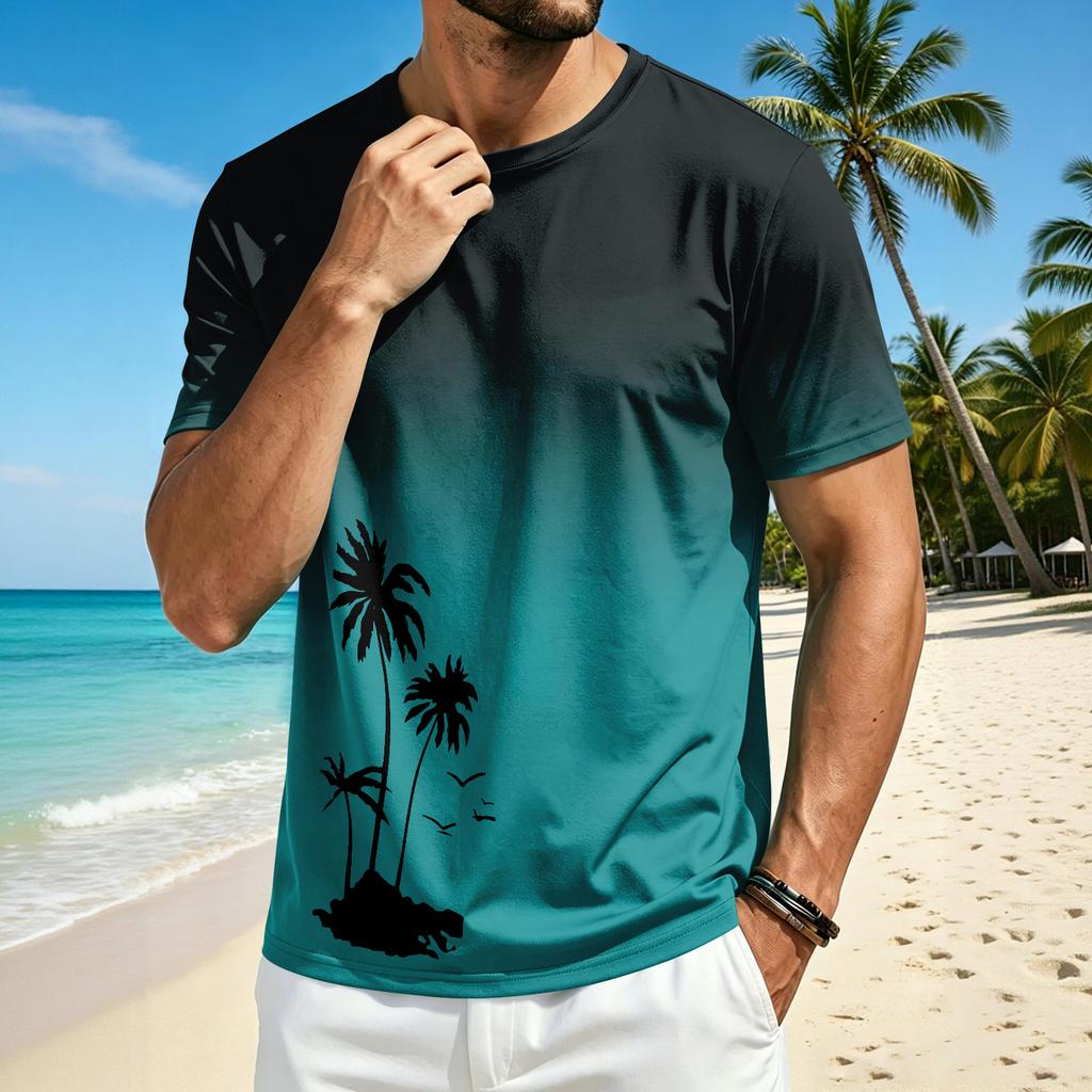 Men’s Summer Crew Neck Short Sleeve T Shirt with Hawaiian Print Casual Comfortable Fit Lightweight Top