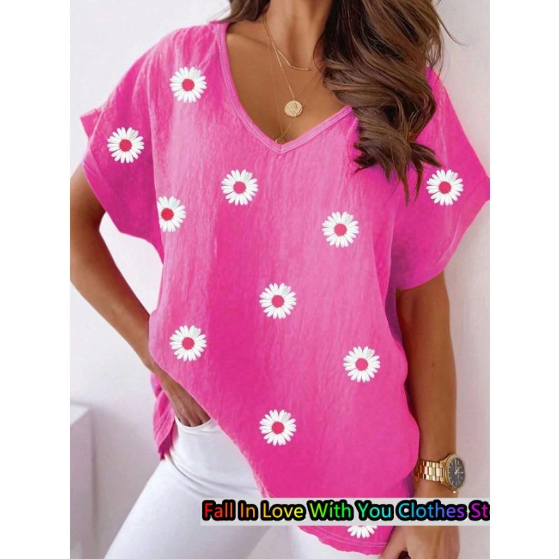 

Женская футболка с принтом «Daisy», повседневная футболка с V-образным вырезом и коротким рукавом, летняя модная повседневная свободная футболка большого размера, повседневная женская одежда 4XL