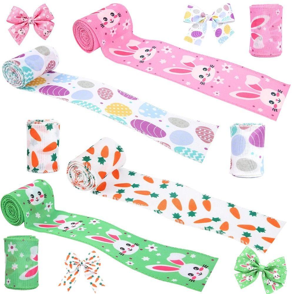Vibrant Colors Easter Ribbon Easter Egg Print Bunny Egg Carrot Print DIY Bow Ribbon Iron Wire Edge Cartoon Rabbit Print