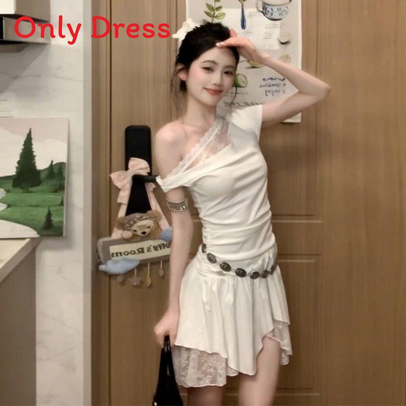 Elegant White Lace A Line Dress With High Waist For Summer Casual Wear