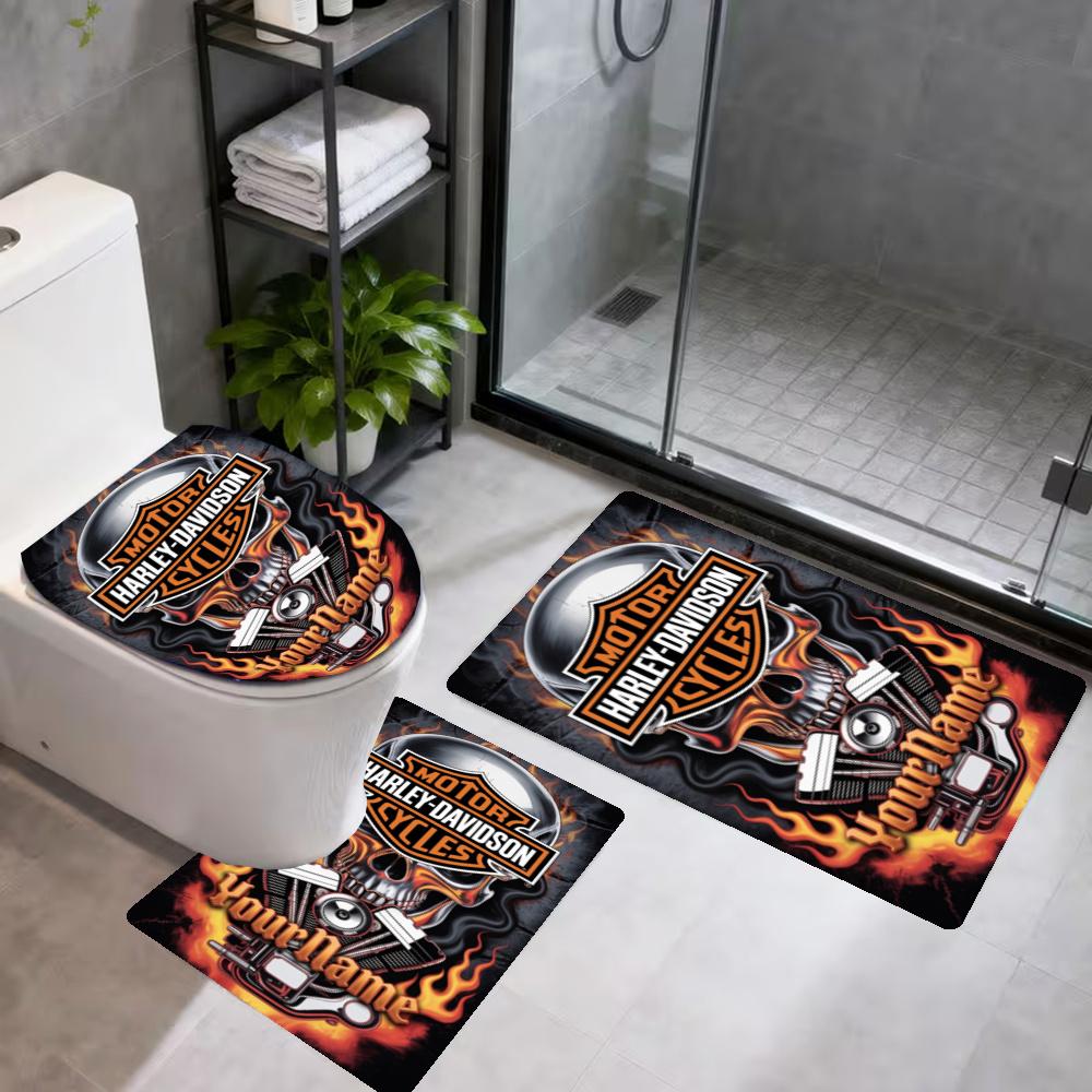 Harleydavidson Motorcycles Customize Your Name 3Pcs Bathroom Mat Set Toilet Lid Cover Ushaped Foot Mat Nonslip Floor Mat Decor For Bathroom