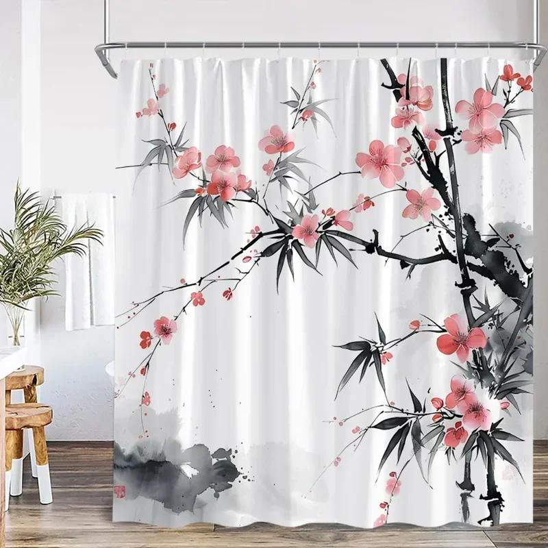 Ink Painting Shower Curtain Chinese Asian Style Cherry Blossom Japanese Woman Classical Bathroom Decor Polyester Bath Curtain