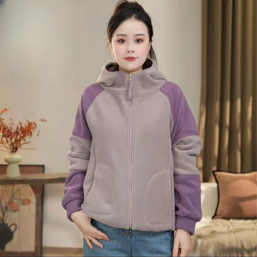 Autumn and Winter Fashion Casual All-match Double-sided Australian Fleece Warm and Age-reducing Contrast Color Hooded Long-sleeved Jacket Women