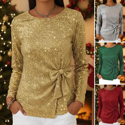 Women Tops Round Neck Long Sleeve Sparkling Sequins Pullover Tops with Shimmering Bow