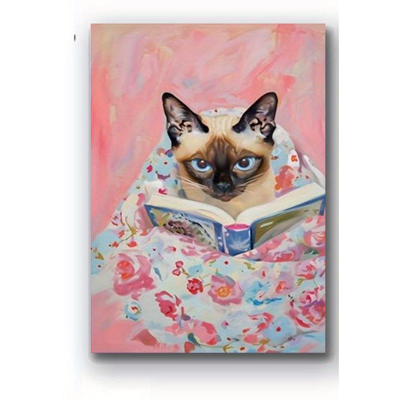 Funny Tabby Cat Reading Books Art Poster Vintage Cute Animals Wall Canvas Painting Book Lover Pet Gift Decoration Pictures Print