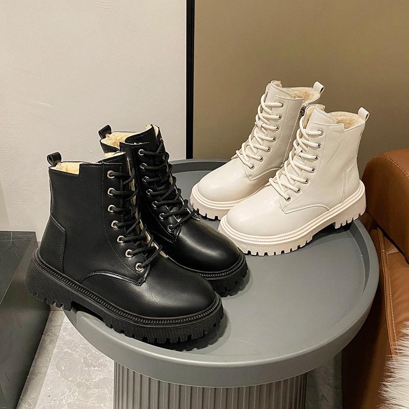 Fashion Women's Winter 2025 New Snow Boots with Velvet Flat Top Flat Shoes High Quality Lace Elegant PU Leather Casual Black Ankle Boots