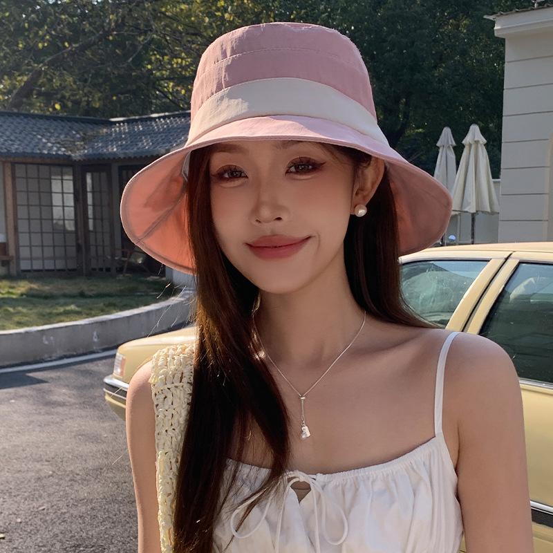 Outdoor Leisure Sun Hat Fisherman Hat Simple Color Block Tether Sun Protection Hat Girl Traveling To Show Her Face Small Hat Early Spring