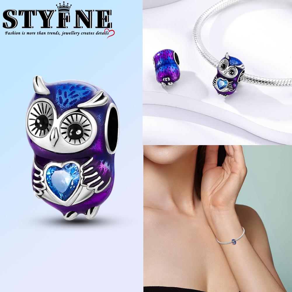 Copper Fashion Purple Owl Charms Beads Owl Safety Chain Fit Original Bracelets Diy Graduation Jewelry Gifts