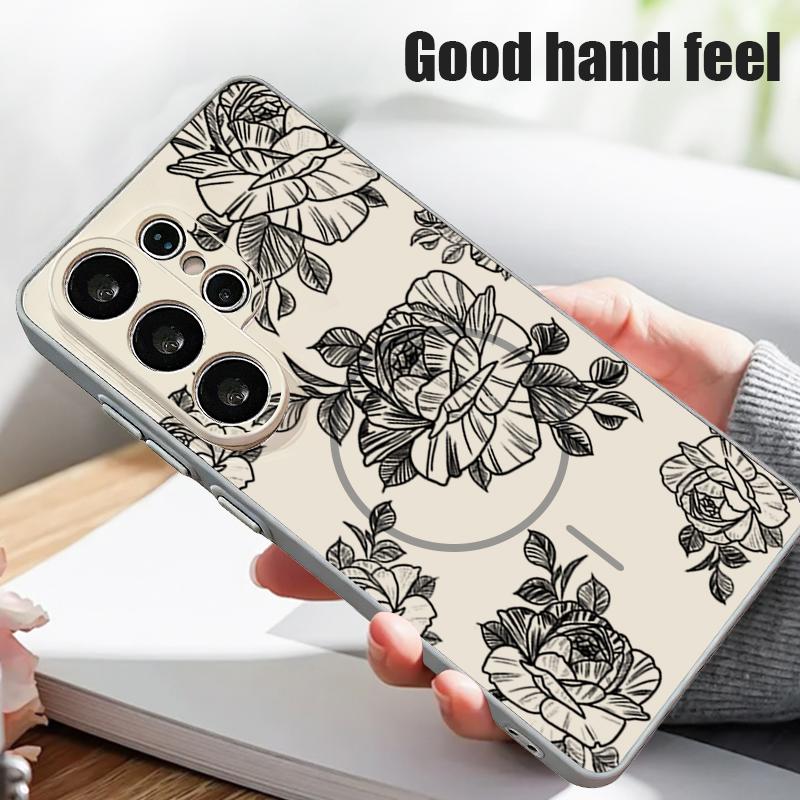 Magnetic For Magsafe Case For Samsung Galaxy S26 Ultra S25 Edge S24 Plus S23 FE S22 A54 A55 A56 5G Sketching Rose Flower Pattern Matte Cover