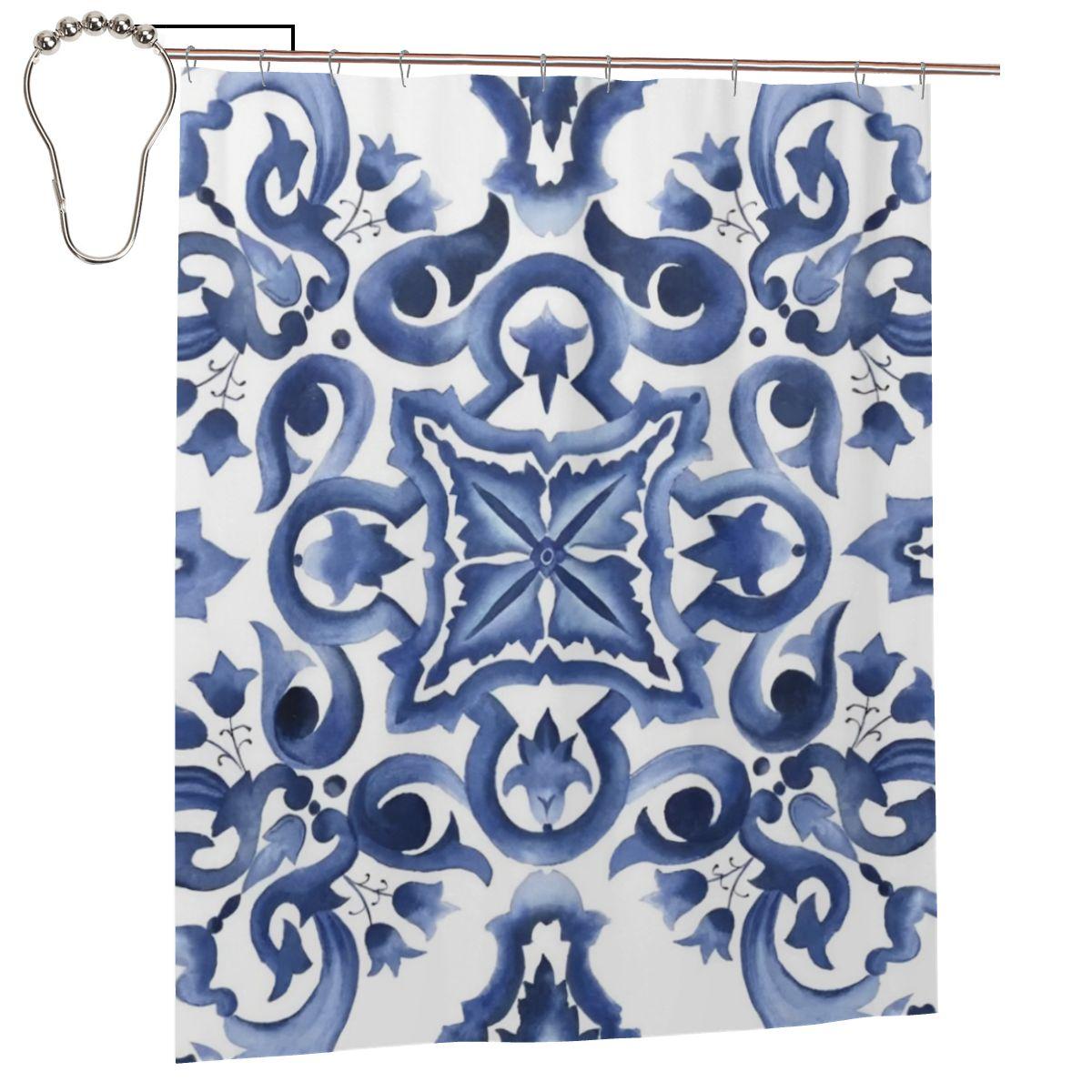 Blue Ornate Floral Mediterranean Sicilian Tile Shower Curtain Bathroom Polyester Waterproof Bath Curtains With Hooks W60H190(CM)-1 Pcs