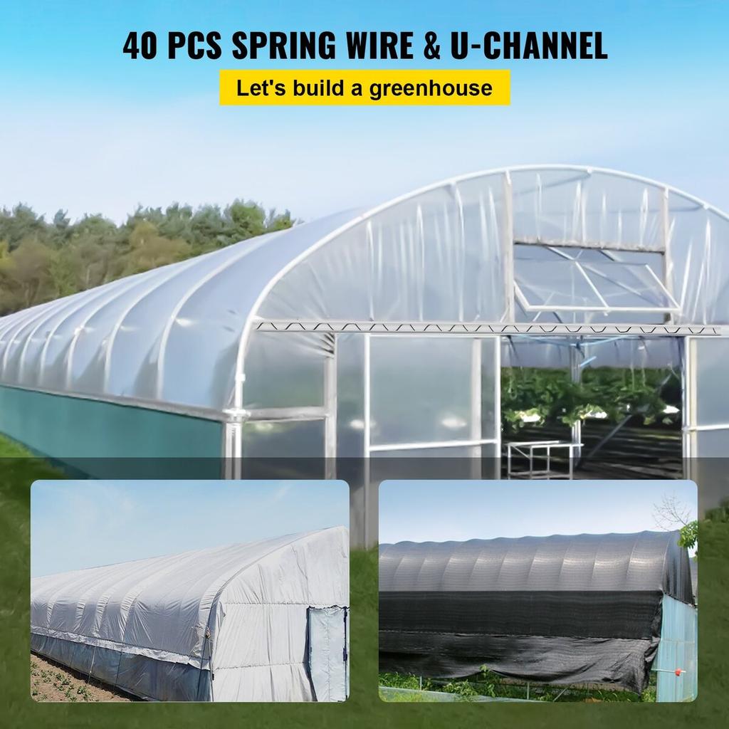 Spring Wire and Lock Channel, 6.56ft Spring Lock & U-Channel Bundle for Greenhouse, 40 Packs PE Coated Spring Wire & Aluminum Alloy Channel,Plastic